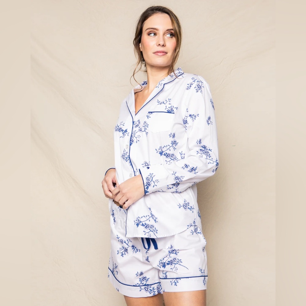 Petite Plume Women's Indigo Floral Long Sleeve Short Pajama Set, XLarge